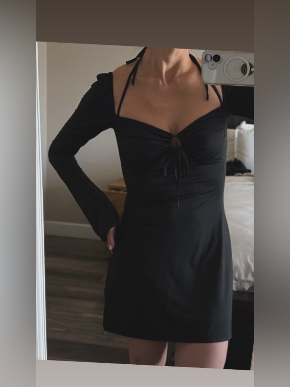 Black Long-Sleeve Mini Dress with Halter Tie